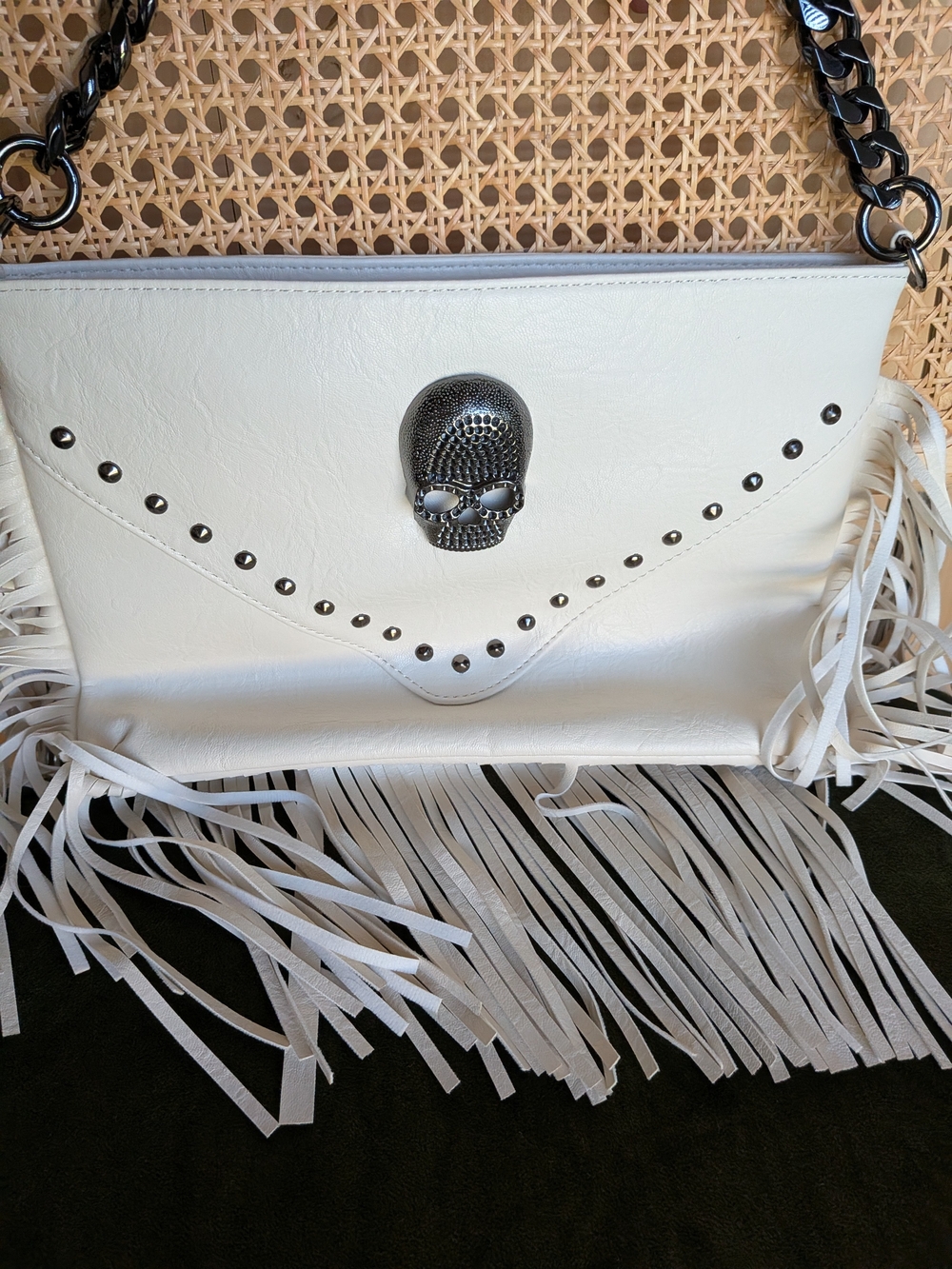 Cream PU Leather Fringe Handbag With Skull